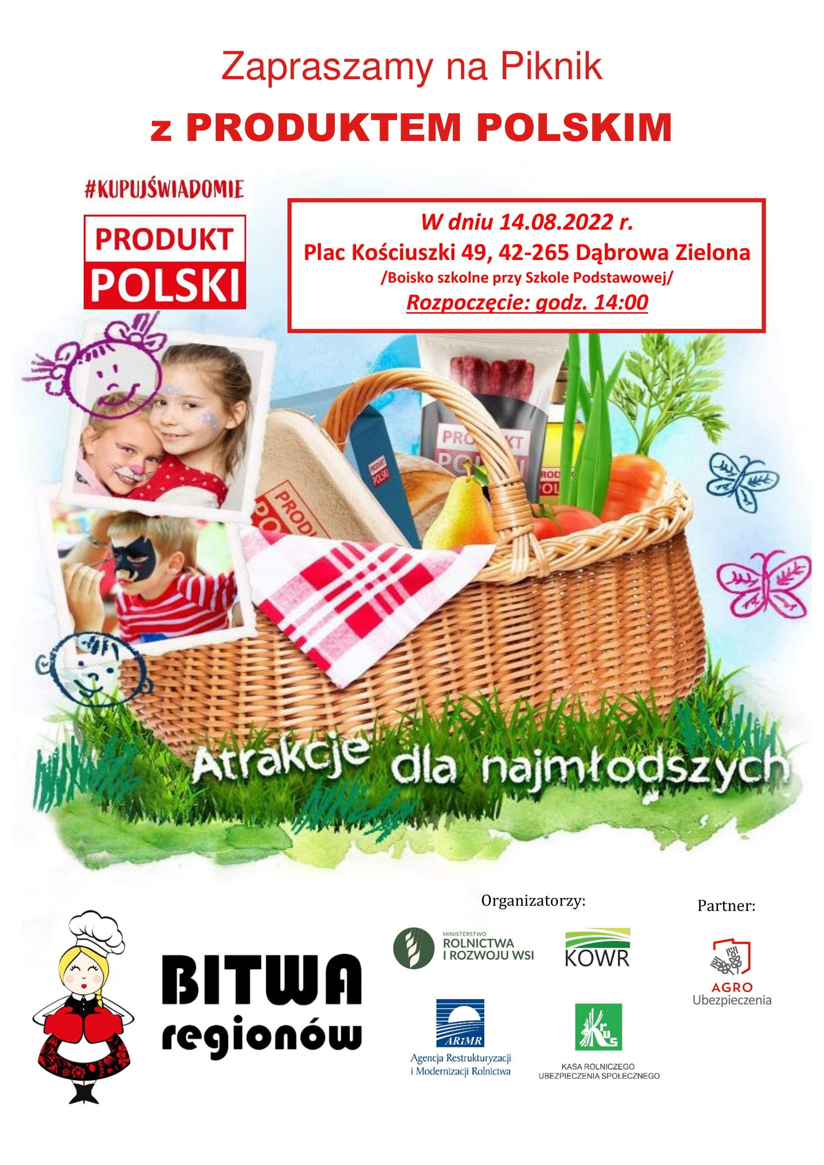 Zaproszenie na piknik z Produktem Polskim, Dąbrowa Zielona, boisko szkolne 14.08.22 godz. 14:00