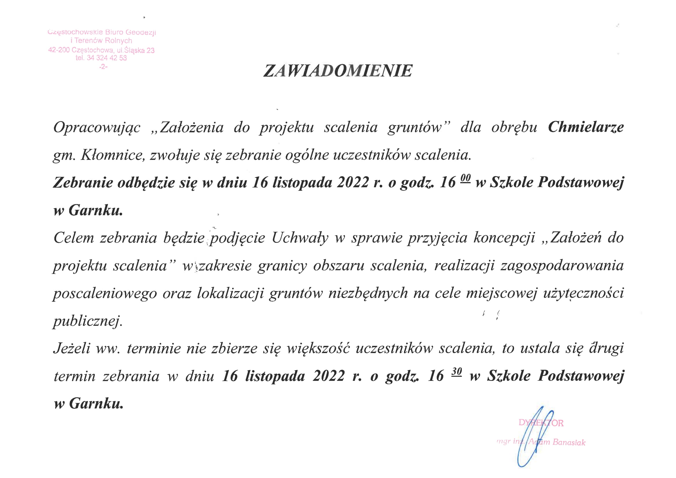 zebranie w sprawie scalenia gruntów Chmielarze