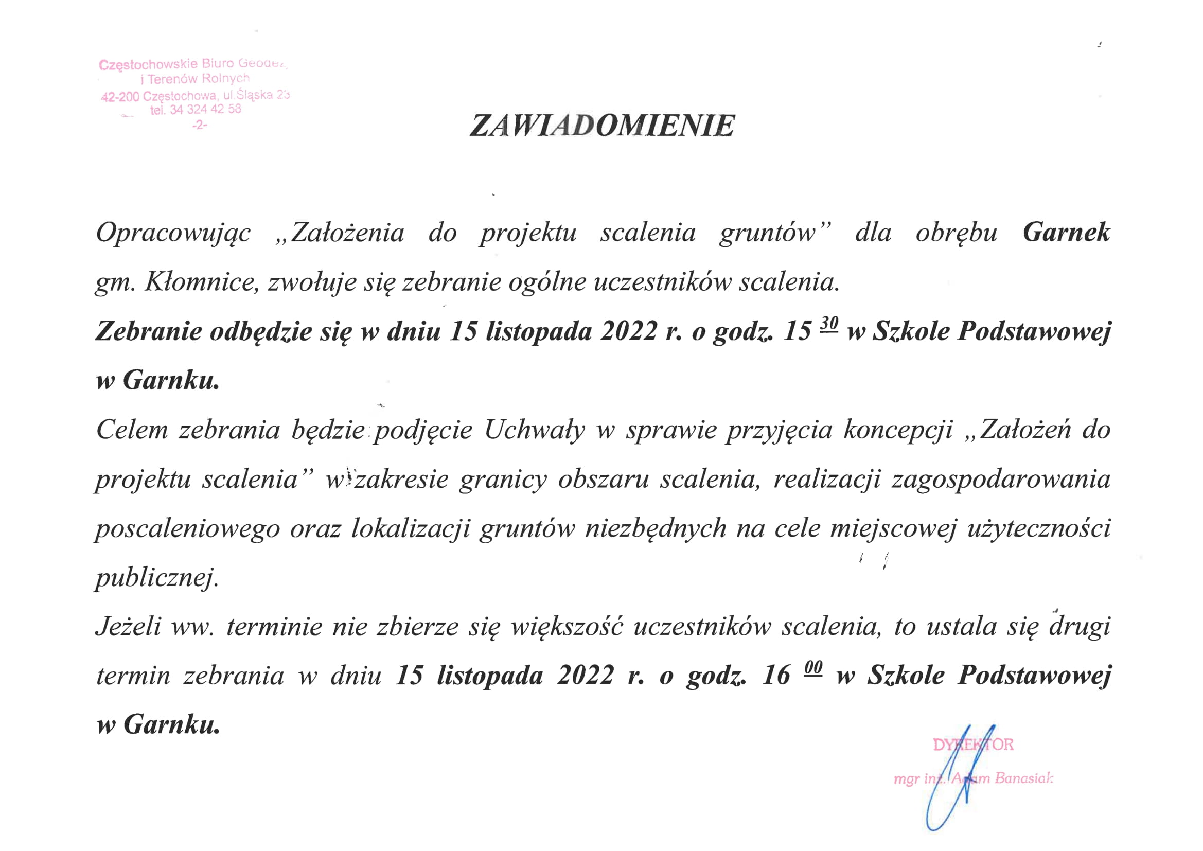 zebranie w sprawie scalenia gruntów Garnek