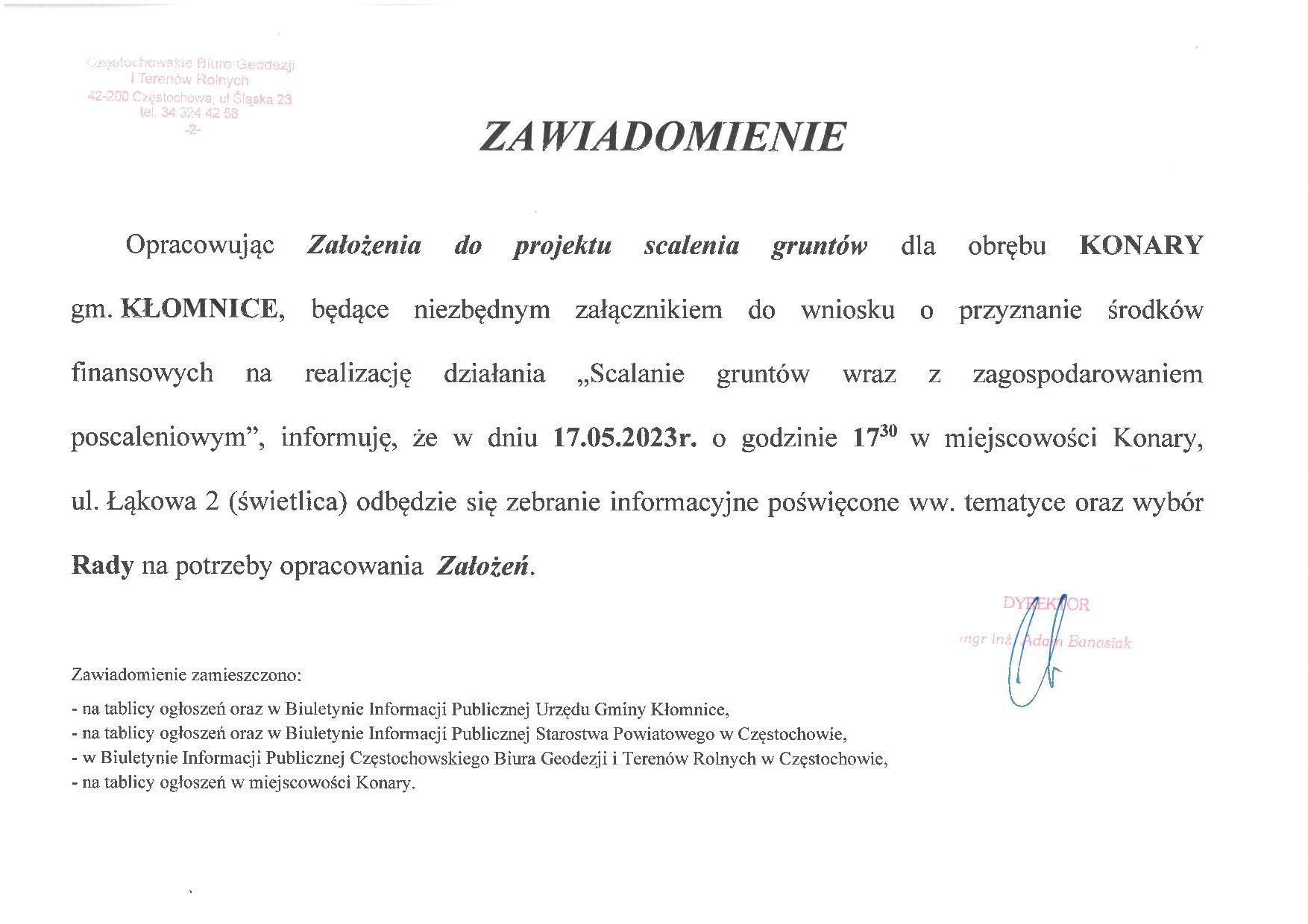 Scalenie Konary zebranie dn 17.05 godz. 17:30 w Konarach ul. Łąkowa 2