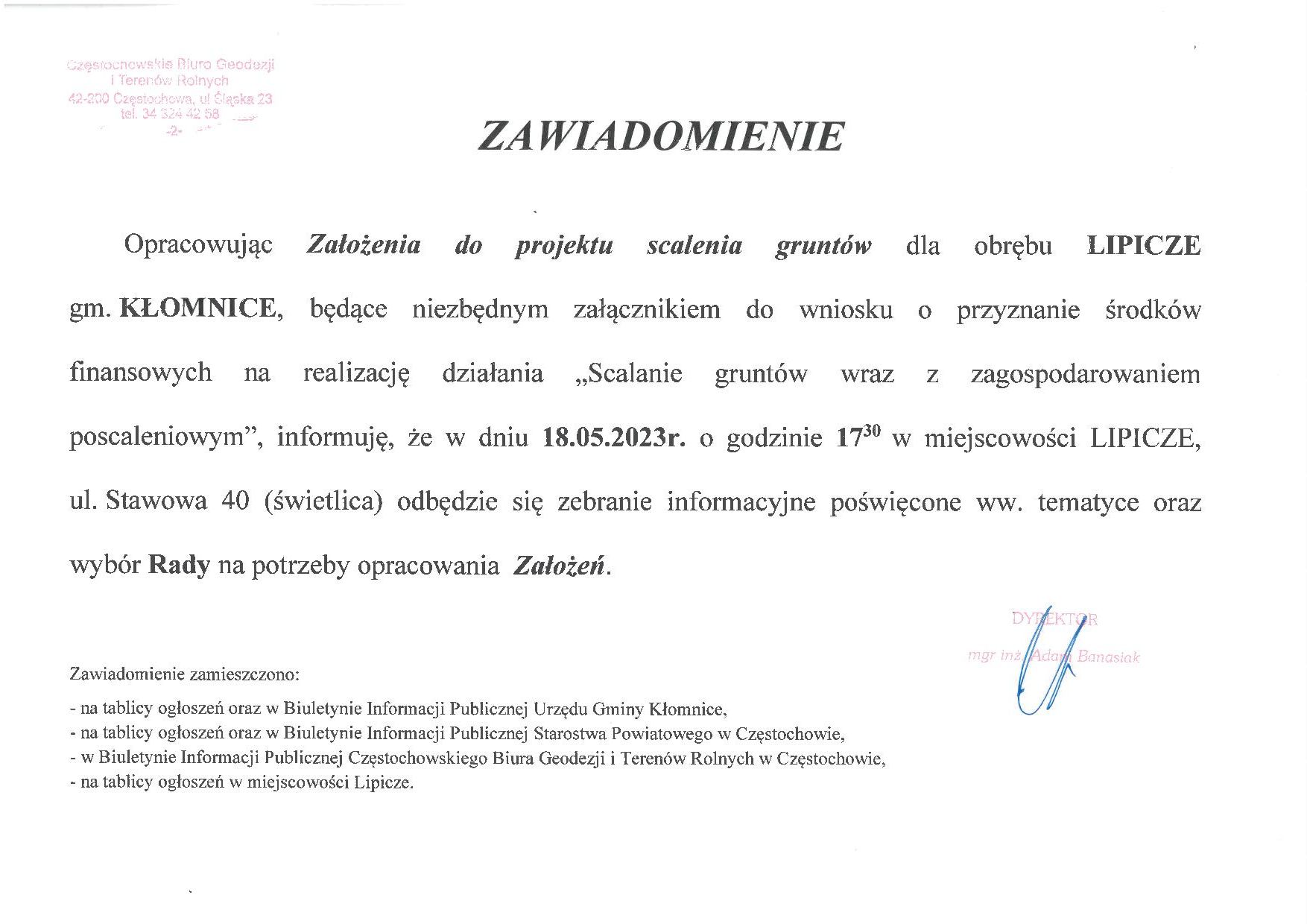 Scalenie Lipicze zebranie dn. 18.50 godz. 17:30 w Lipiczach przy ul. Stawowej 40