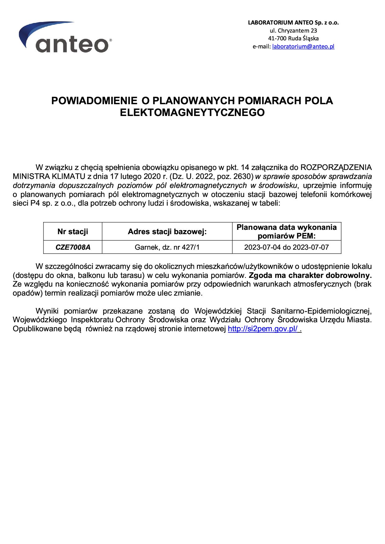 Powiadomienia o planowanych pomiarach pola elektromagnetycznego stacji bazowej CZE7008A w Garnku w dniach 04-07.07.2023