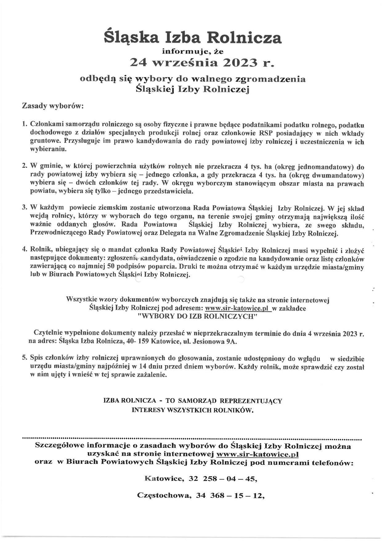 Plakat dot. wyborów do walnego zgromadzenia Śląskiej Izby Rolniczej, szczegółowe informacje na www.sir-katowice.pl