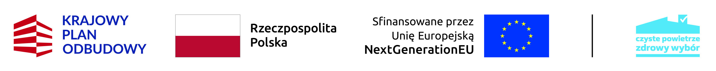 Logo Czyste Powietrze-zdrowy wybór, Krajowy Plan Odbudowy, Rzeczpospolita Polska oraz Sfinansowane przez Unię Europejską
