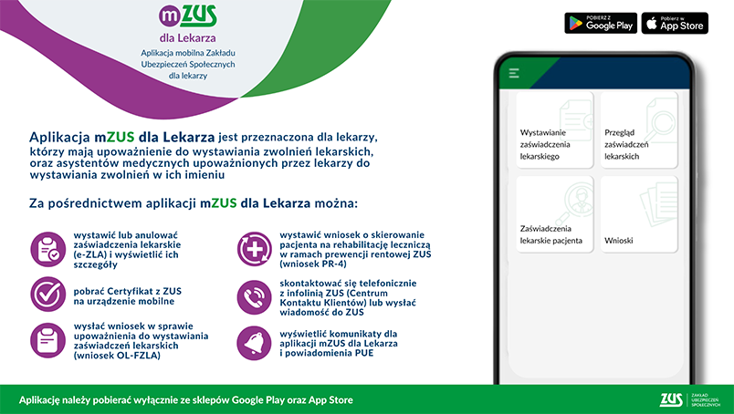 ZUS udostępnił nową wersję aplikacji mobilnej mZUS dla Lekarza. Więcej informacji na www.zus.pl.