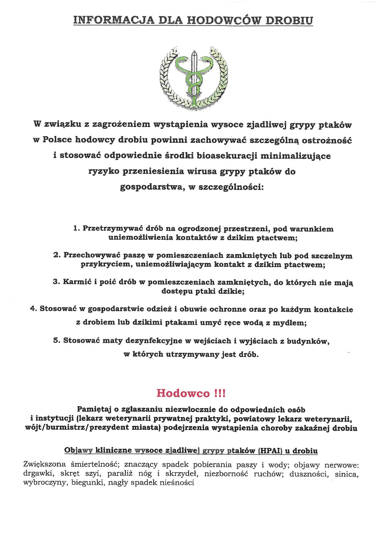 informacja dla hodowców drobiu dot.prasiej grypy - dostępna również w dokumentach pdf do pobrania przy artykule