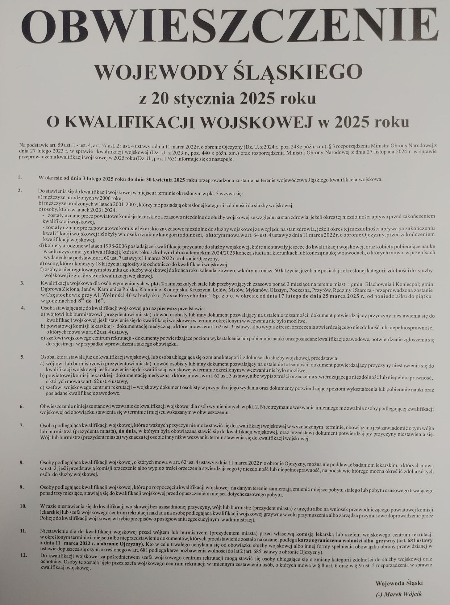 Obwieszczenie Wojewody Śląskiego z dn. 20.01.2025 o Kwalifikacji Wojskowej w 2025r.