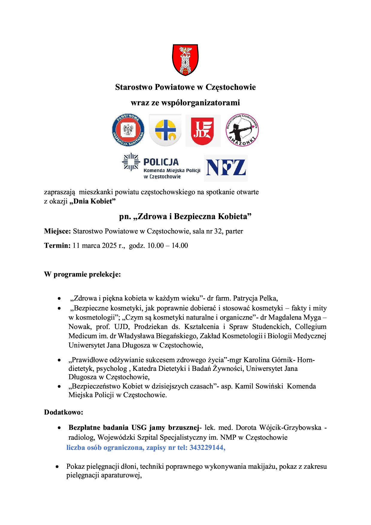Spotkanie Zdrowa i Bezpieczna Kobieta, Starostwo Powiatowe w Częstochowie, sala 32, 11.03. godz. 10:00