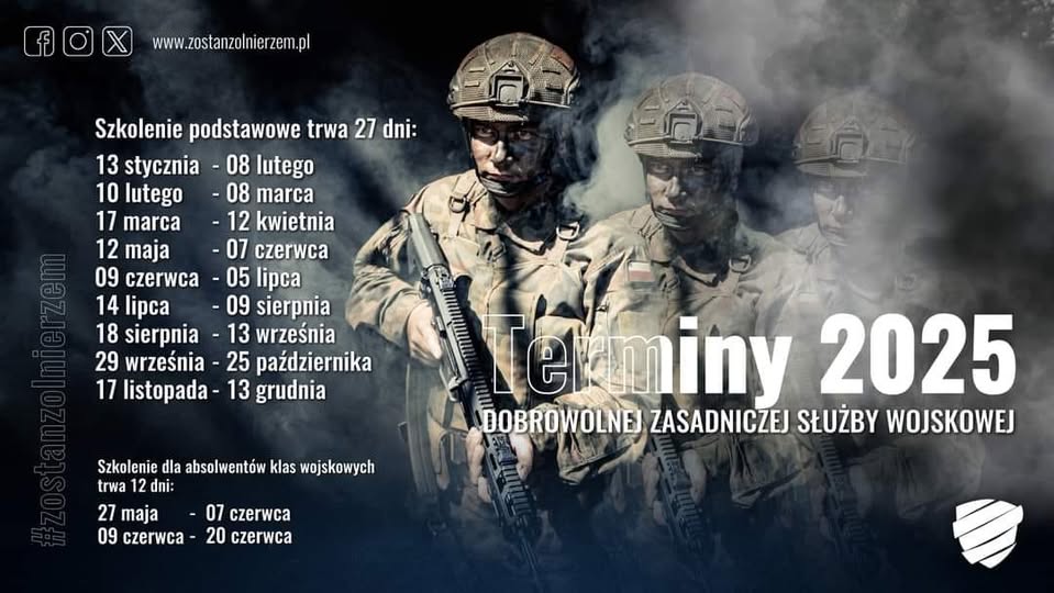 Terminy 2025 dobrowolnej zasadniczej służby wojskowej. Więcej informacji na www.zostanzolnierzem.pl