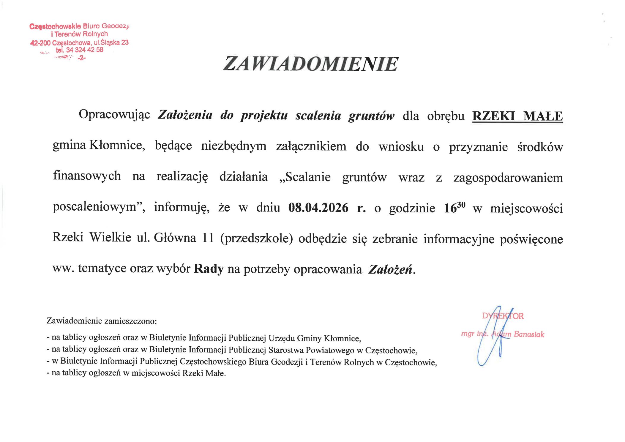 Zebranie informacyjne dla obrębu Rzeki Małe dot. scaleń odbędzie się w Rzekach Wielkich ul. Główna 11 dn. 8.04.2026 godz. 16:30