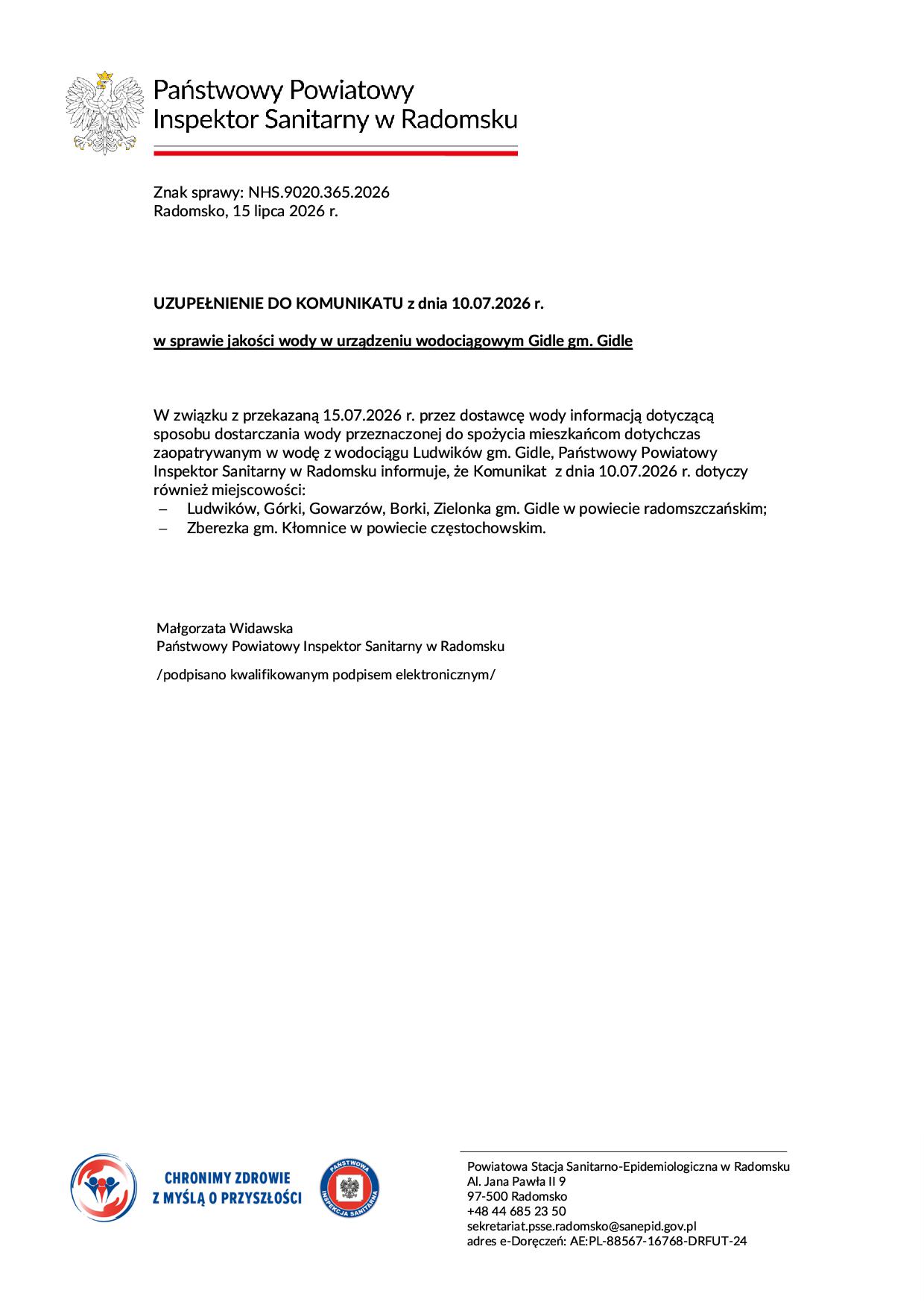 Uzupełnienie Komunikatu wod. Gidle